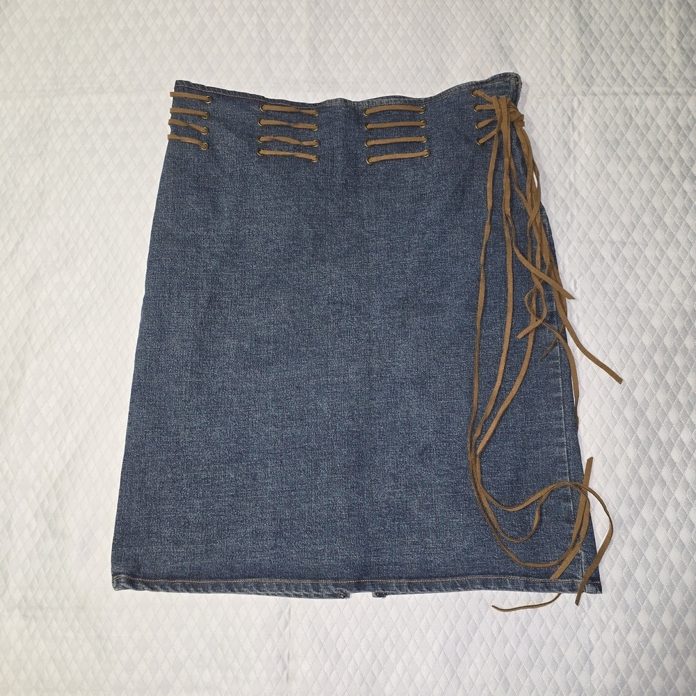 Trendy Denim Mini Skirt - Blue and Brown, Leather Laces On Waist, Womens Large